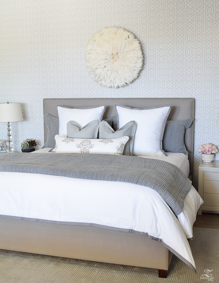 Spring home tour of a transitional master bedroom white and gray bedroom thibuat geometric wallpaper tips for a spring refresh -2