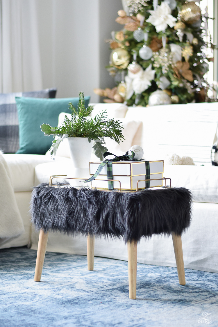 Christmas Living Room Tour with ZDesign At Home - Faux fur mid-mod stool