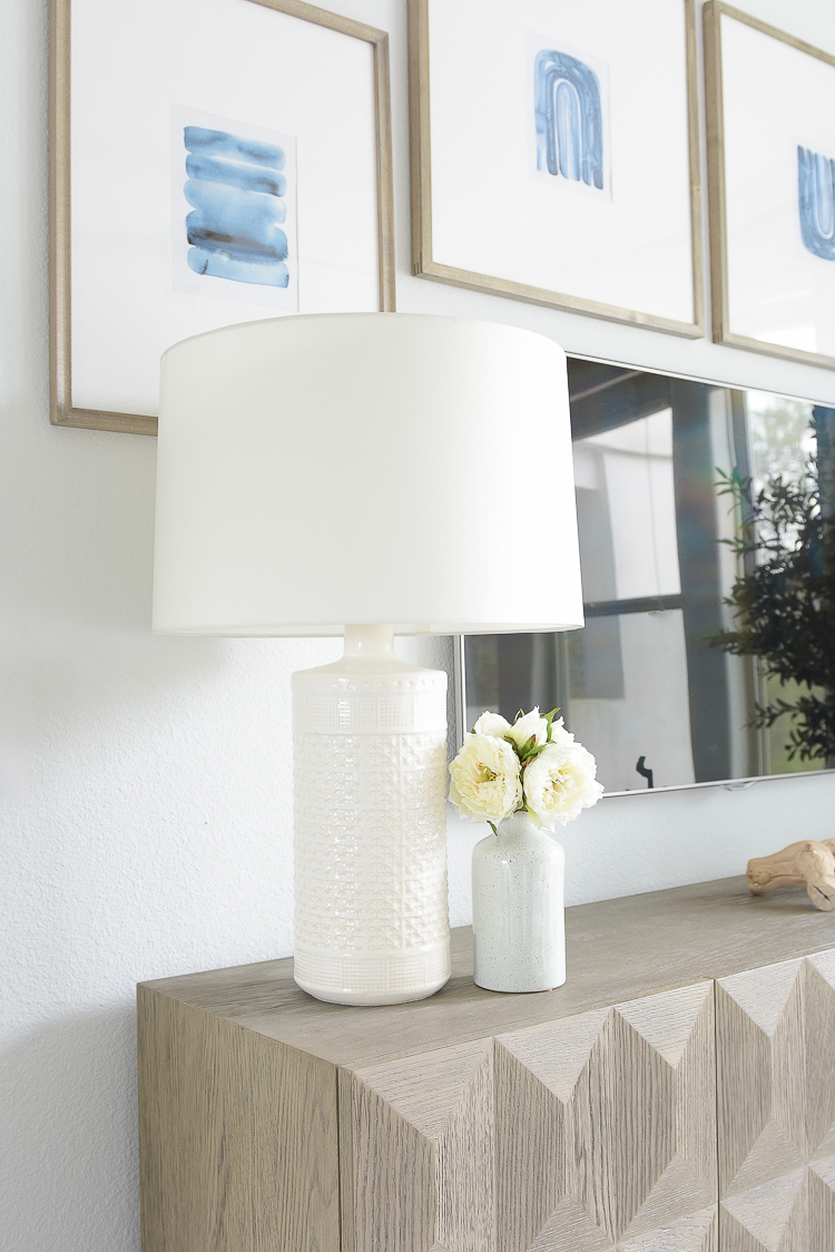 Light & Airy Spring Living Room Tour - Jaimie Young white textured lamp