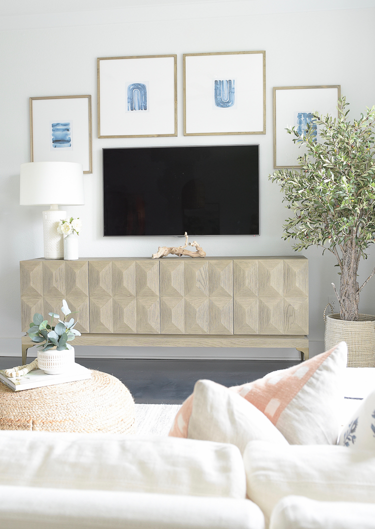 Light & Airy Spring Living Room Tour - tv gallery wall for spring 
