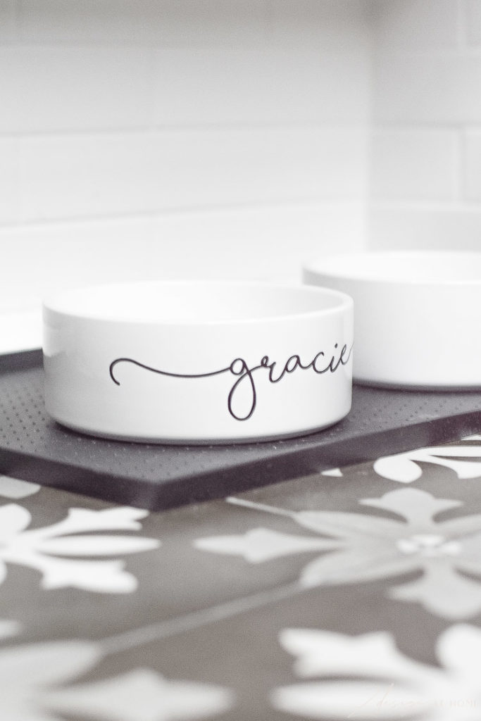 pet dog bowl white with cursive font in black