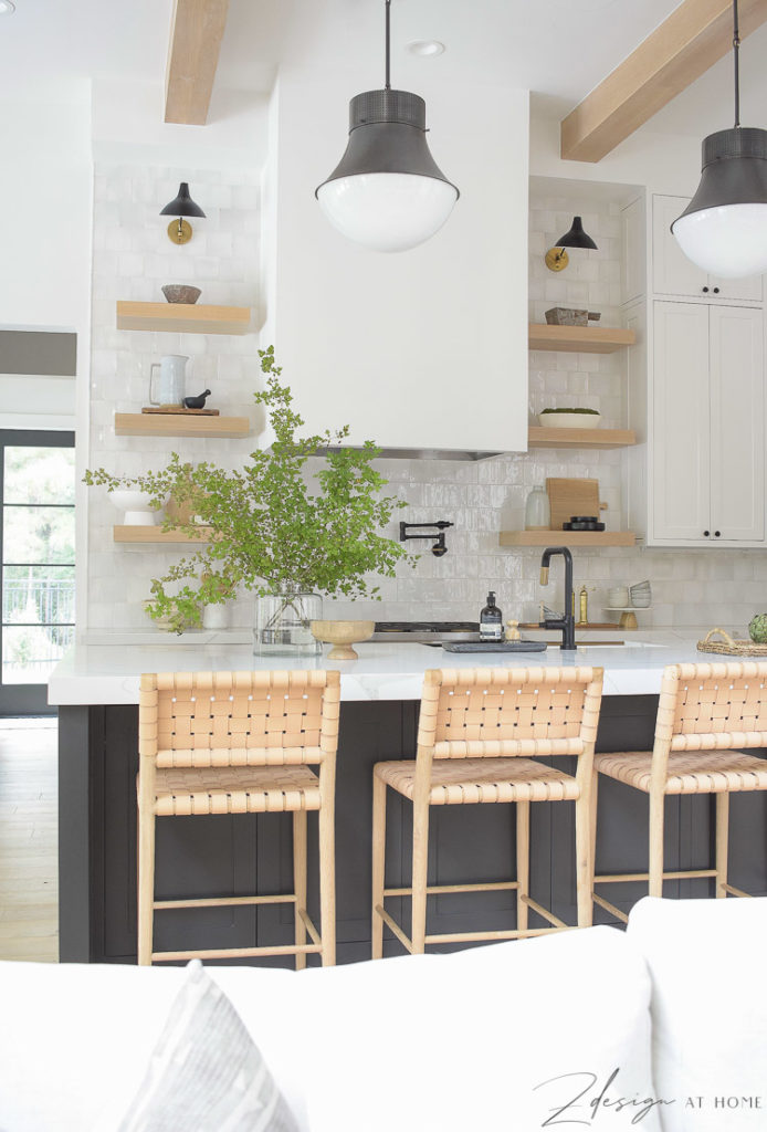 modern farmhouse kitchen with black white and white oak cabinets