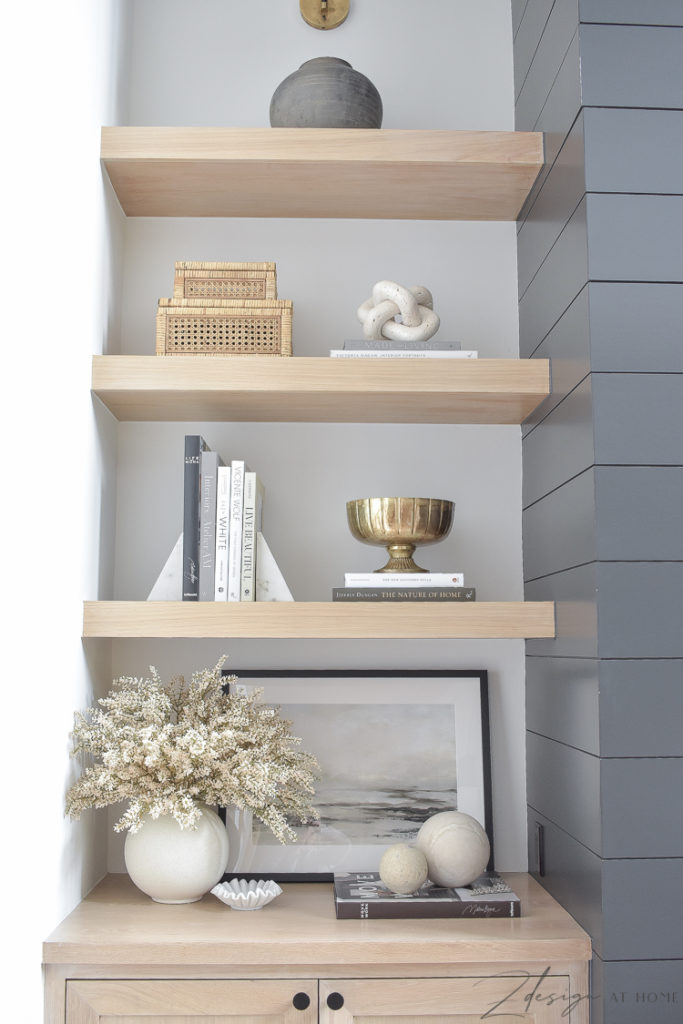 white oak shelves styled with neutral fall decor