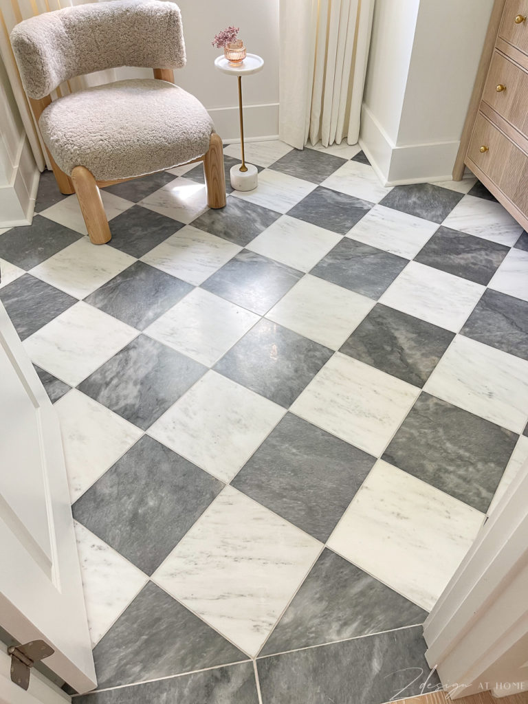 honed gray bardiglio marble and bianco carrara marble tile floor in checkered / harlequin pattern