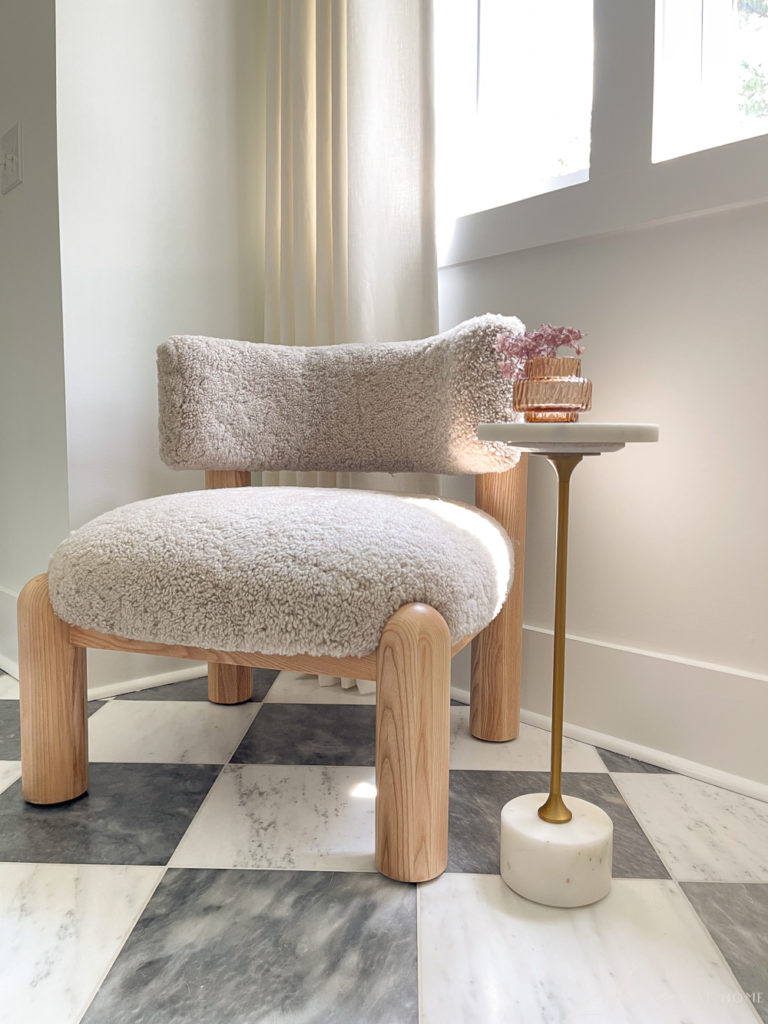 marble checkered bathroom flooring tile and harper shearling petite chair with marble and gold side table