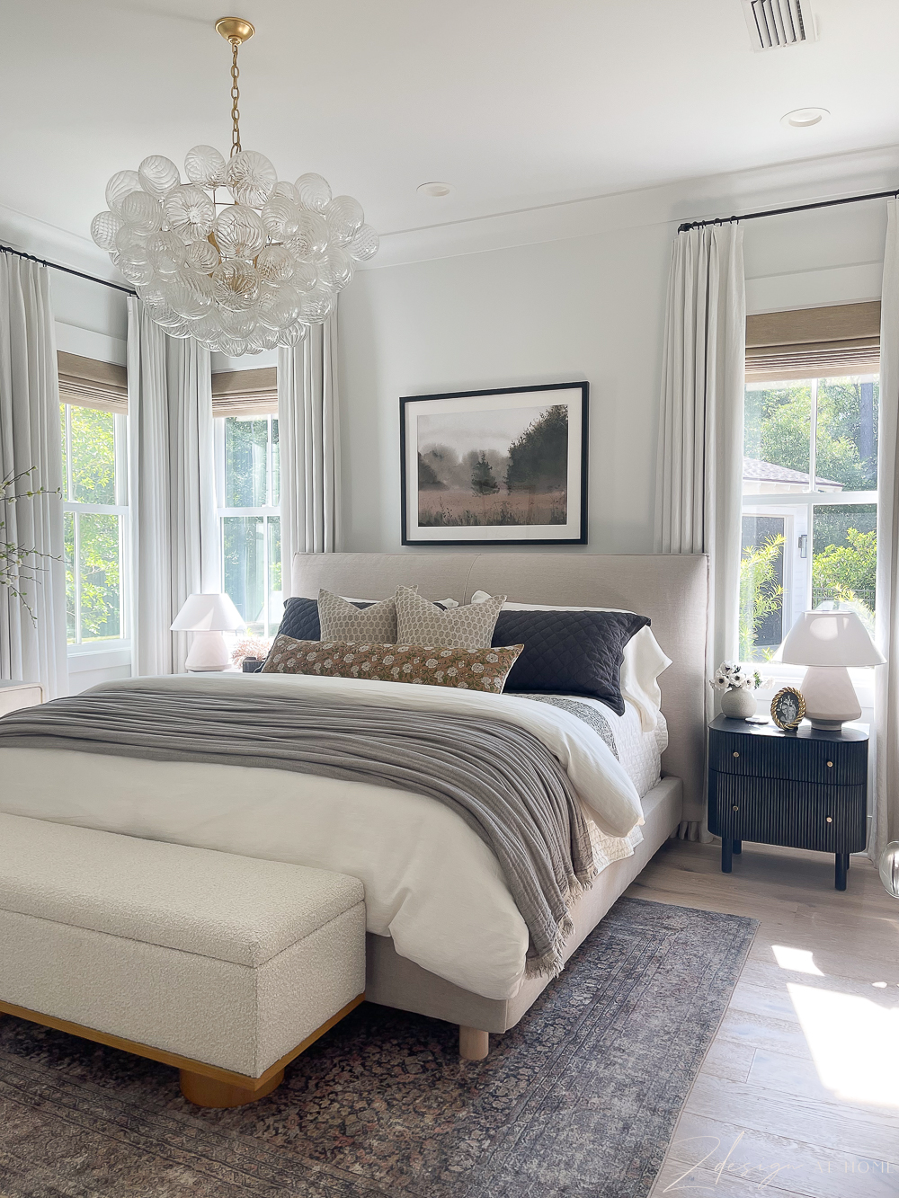 layered-neutral-bedroom-pattern-white-linen-twopages-curtains-talia-chandelier-amber-lewis-morgan-denim-rug-review