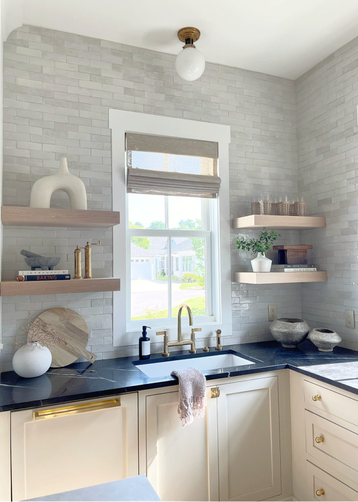 white oak kitchen shelves styled with wayfair kitchen decor and accessories 