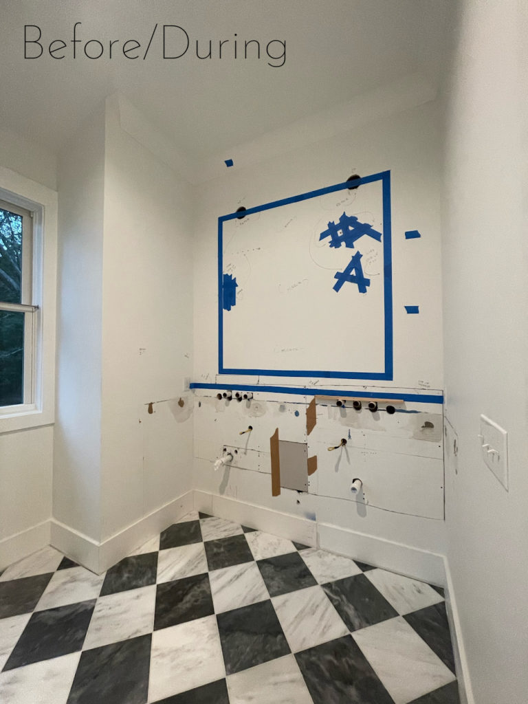 before of a bath remodel with checkerboard floors 