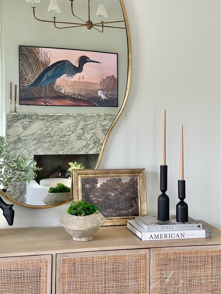 moody winter vignette style on entryway table